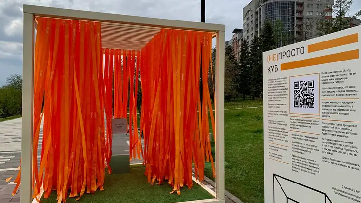 В Красноярске на Центральной набережной установили интерактивный куб с оранжевыми лентами